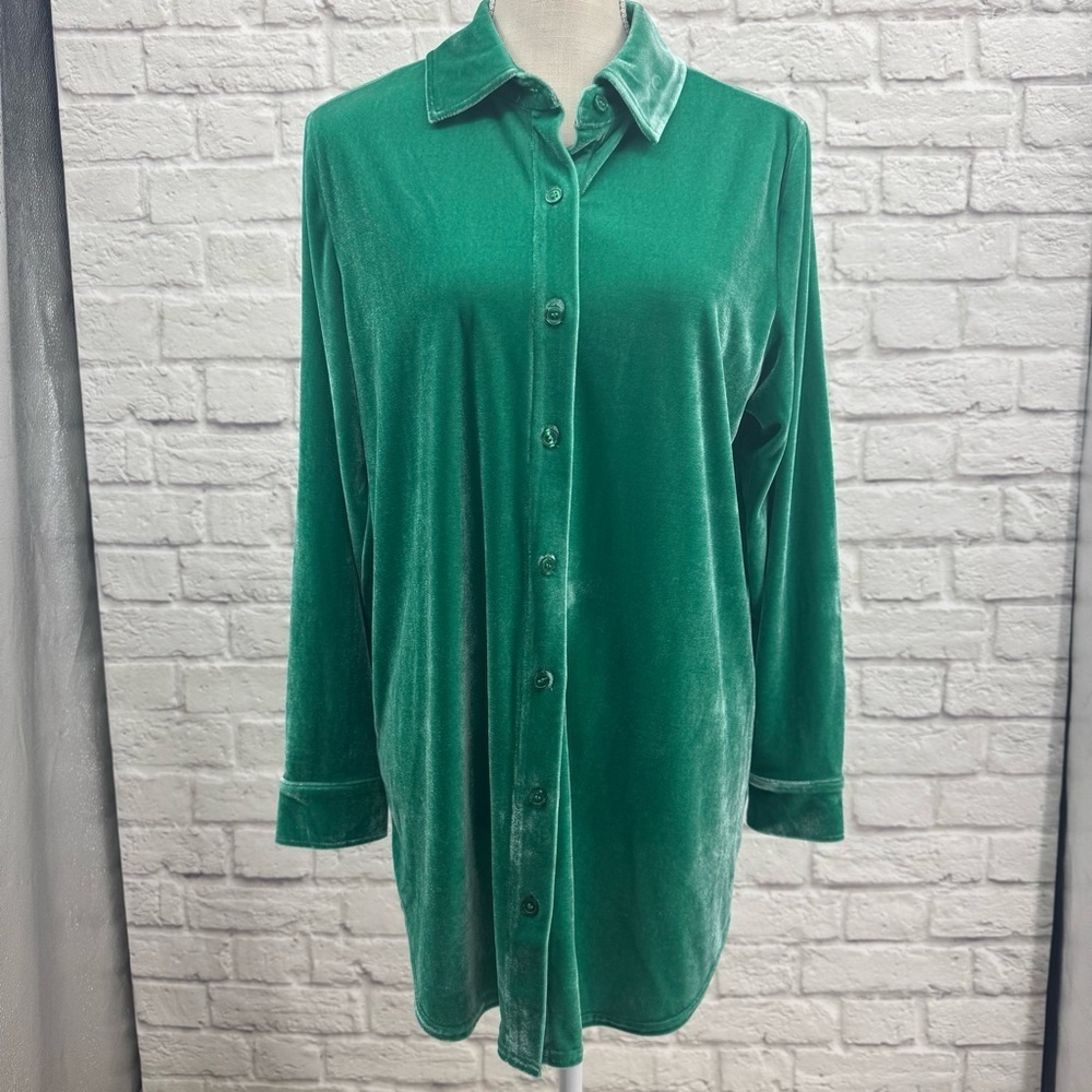 Soft Surroundings Green Velvet Boyfriend Tunic Shirt M Relaxed Fit Long Sleeves